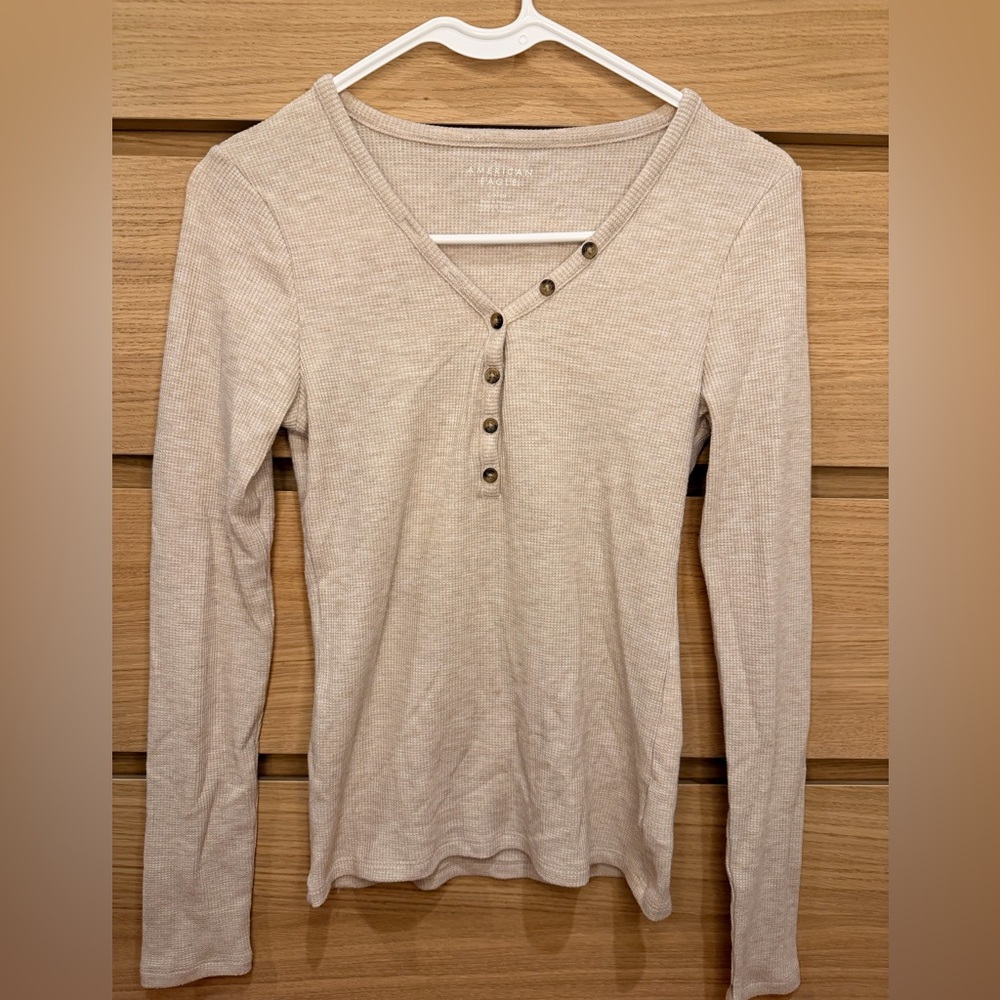 American Eagle Outfitters Beige Long Sleeve Henley